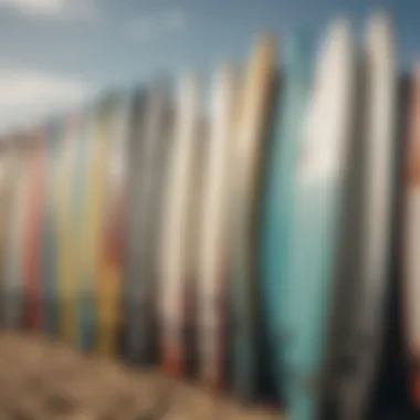 Variety of Surfboards for Rent Diverse surfboards lined up for rental