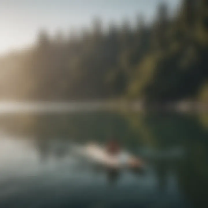 Calm lake waters with surfers riding on lake-specific boards