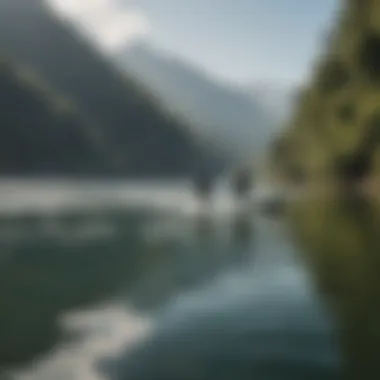 A picturesque lake scene with surfers demonstrating techniques on lake surfboards