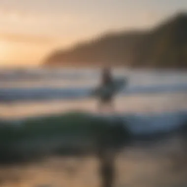 Local surfers catching waves during sunset