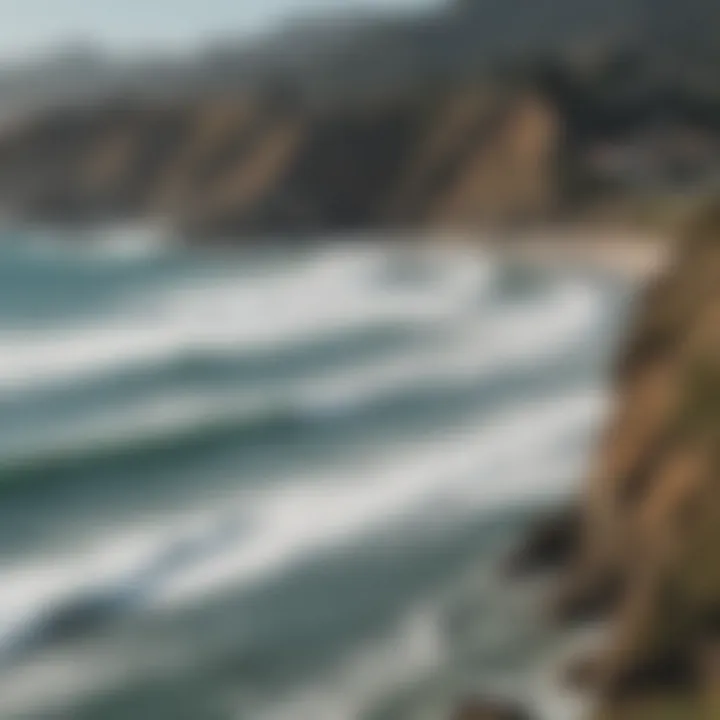 A panoramic view of the Bay Area coastline with surfers in the water