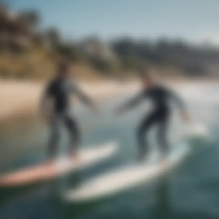 A vibrant surf school setup with boards and instructors