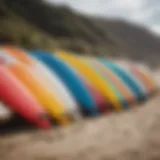 Vibrant surfboards lined up on a sandy beach in San Francisco