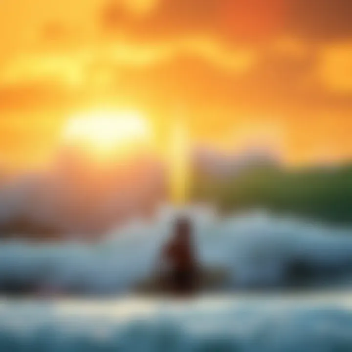 Cultural Fusion: Surfing and Spirituality An artwork depicting surf culture intertwined with spiritual symbols, showcasing the harmony of both worlds.