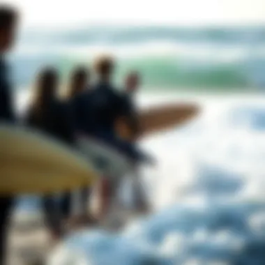 Unity in Waves: Community Reflections A group of surfers gathered in reflection before catching waves, embodying community and shared beliefs.
