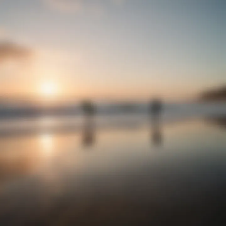 A peaceful morning scene with surfers preparing for the day