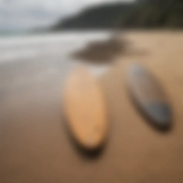 Side-by-side comparison of traditional and surftech longboards on a sandy beach.