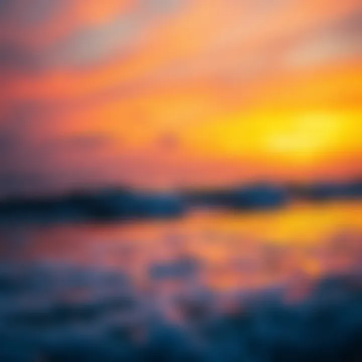 A vibrant sunset over the ocean, reflecting the surf culture of the area