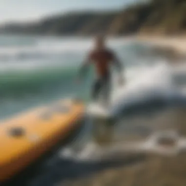 Eco-friendly Surfboarding Eco-friendly electric surfboarding in a serene coastal setting