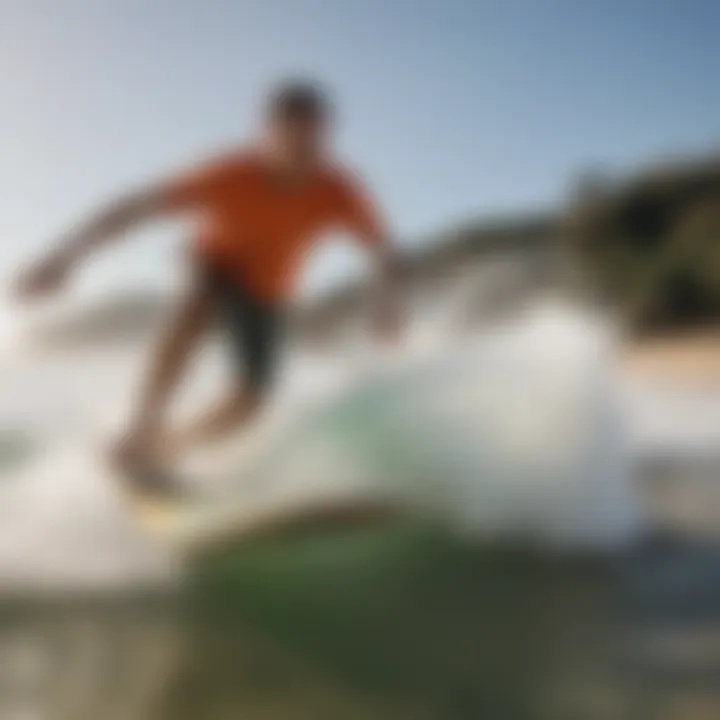 Dynamic skimboarding action on a vibrant beach