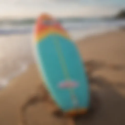 A vibrant foamie surfboard on a sunny beach