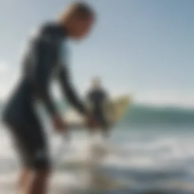 A surfer adjusting their leash before hitting the waves