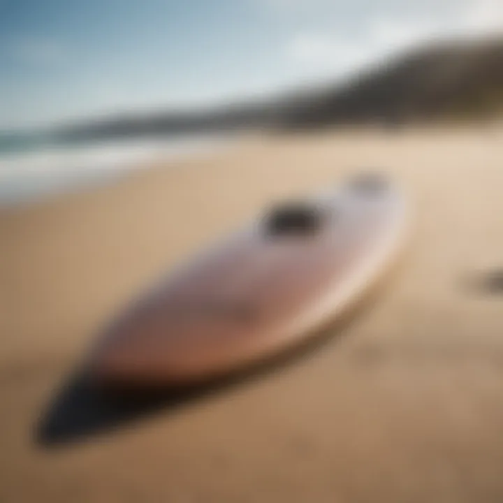 A close-up of a high-performance shortboard resting on the sand