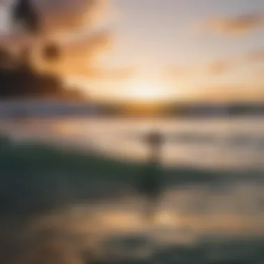 Sunset view of surfers enjoying the waves