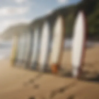 Close-up of surfboards lined up on the beach