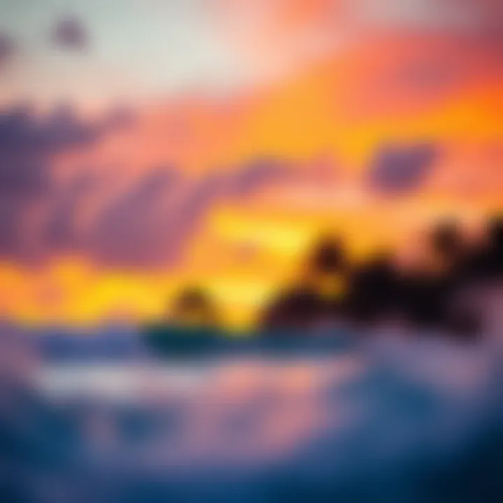 A vibrant sunset over a serene surfing spot in Panama