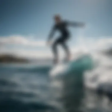 Surfer Experience on Hydro Foil Board Surfer riding a hydro foil board above the water surface, demonstrating its unique functionality