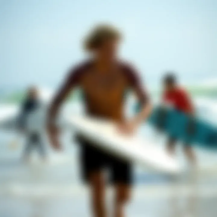 Surf instructor guiding novice surfers on the beach