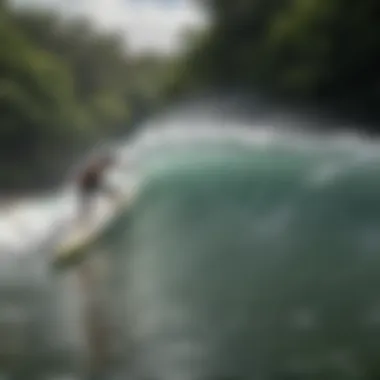 Surfers engaging in a sustainable practice while riding Amazon waves