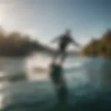 A wakeboard surfer gliding over a crystal-clear lake