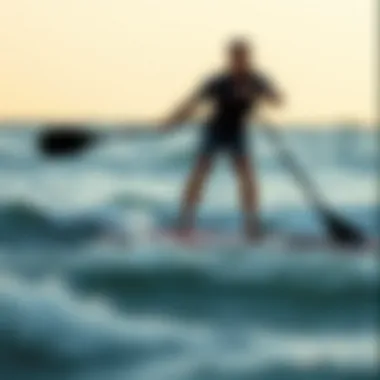 Demonstration of paddle boarding technique, highlighting the stance and paddle movement for optimal balance