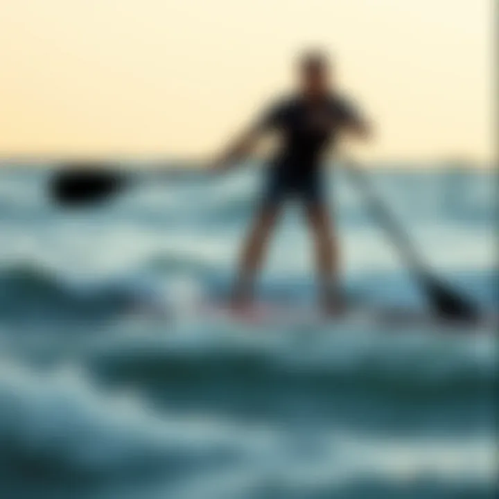 Demonstration of paddle boarding technique, highlighting the stance and paddle movement for optimal balance