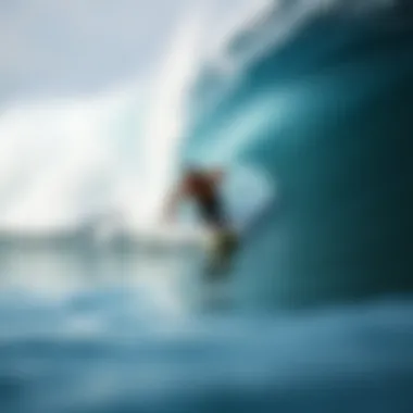 Surfer Riding the Wave Close-up of a surfer skillfully riding a barreling wave.