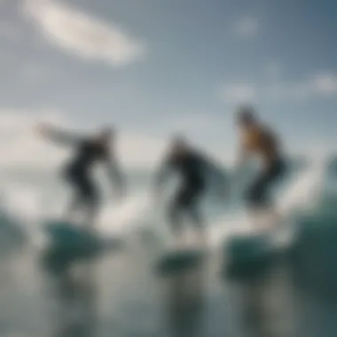 A group of electric foil surfers demonstrating safety techniques on water.