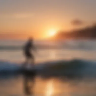 A serene beach scene with electric foil surfers in the distance during sunset.