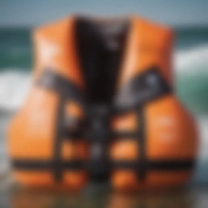 Close-up view of an inflatable life vest with safety features highlighted