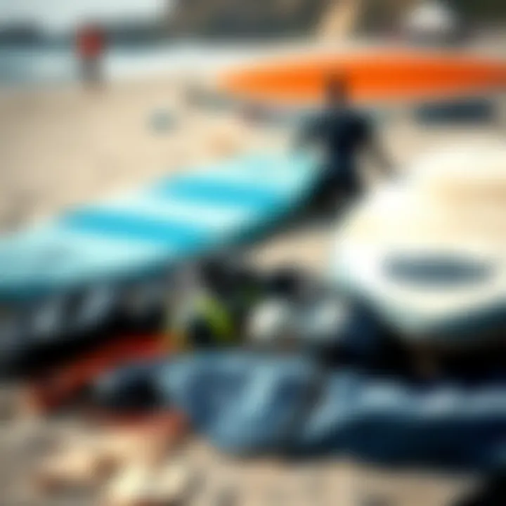 Essential Surf Gear on the Beach Close-up of essential surf gear laid out on the beach, including boards, wetsuits, and accessories