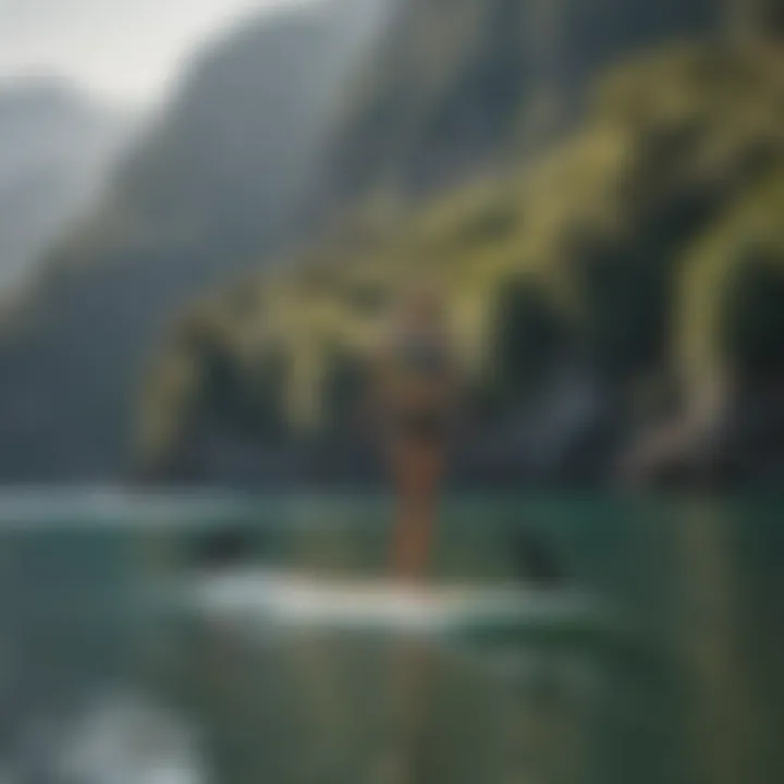 A serene paddleboarder practicing balance amid beautiful scenery