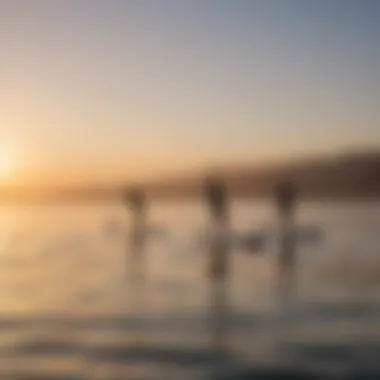 Vibrant paddleboarders gliding over calm waters at sunrise