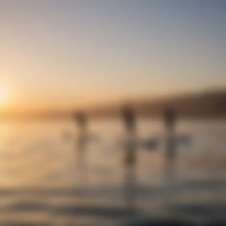 Vibrant paddleboarders gliding over calm waters at sunrise