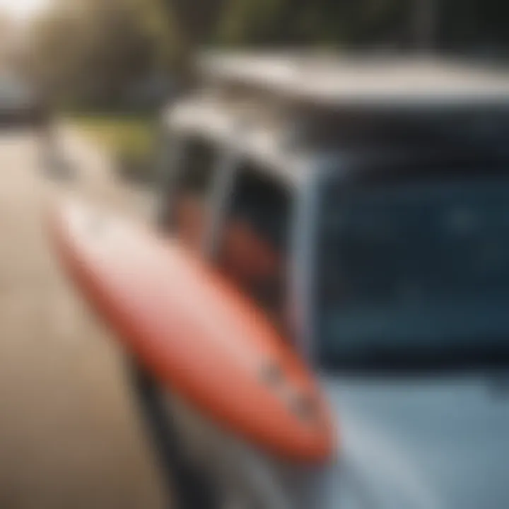 Properly secured surfboard on a car roof