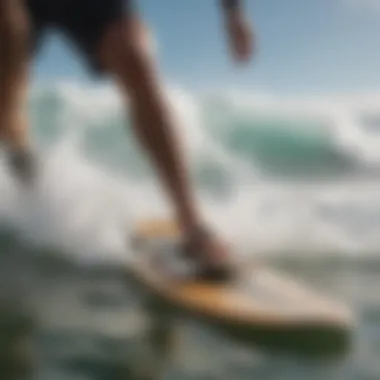 Side view of an epoxy longboard being tested on waves, illustrating performance