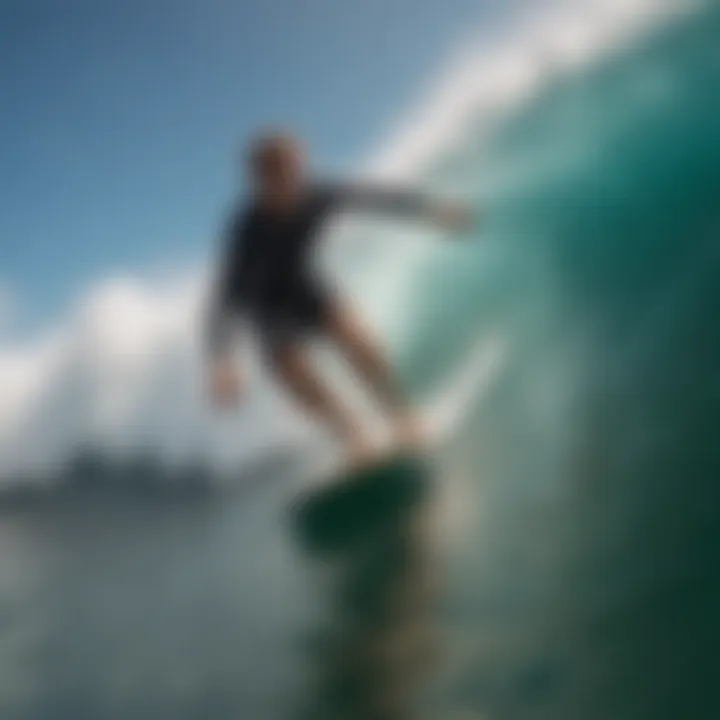 A skilled surfer carving through a wave on an epoxy longboard, capturing the essence of surf culture