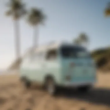 Sleek surf van parked by the beach