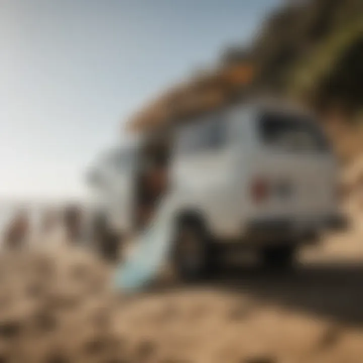 Group of surfers loading boards into a surf van