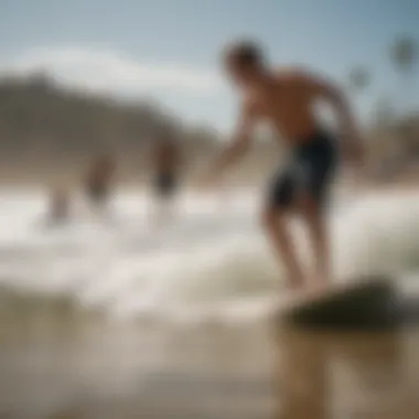 A picturesque beach scene highlighting the community of skimboarders.