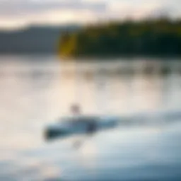 A serene lake with a stable inflatable paddleboard gliding smoothly over the surface
