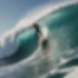 Dynamic view of a motor powered surfboard riding a huge wave