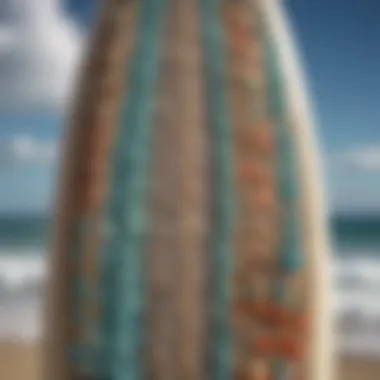 A close-up view of a resin surfboard showcasing intricate designs.