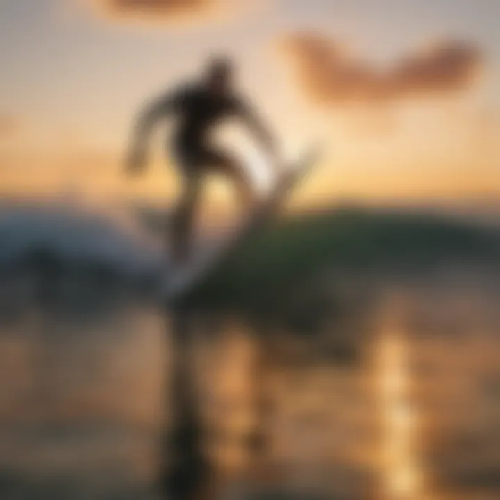 A surfer riding a wave on a resin surfboard during sunset.