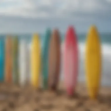 An array of different resin surfboards displayed on the beach.