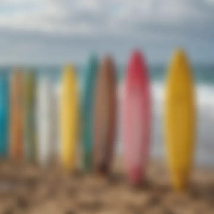 An array of different resin surfboards displayed on the beach.