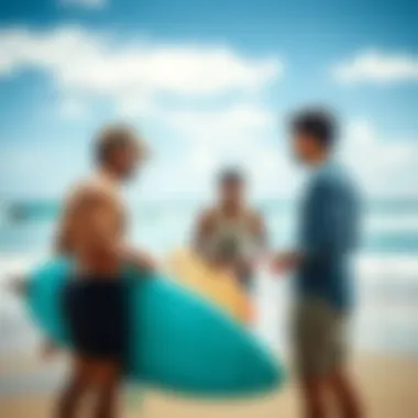 Local surfers sharing stories on the beach after a session