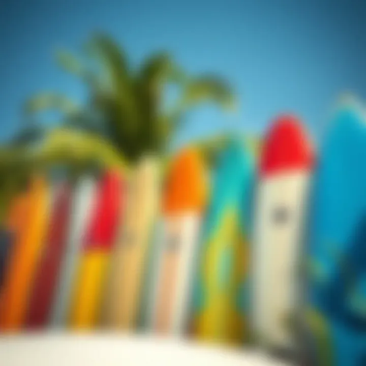 Colorful surfboards lined up against a palm tree backdrop
