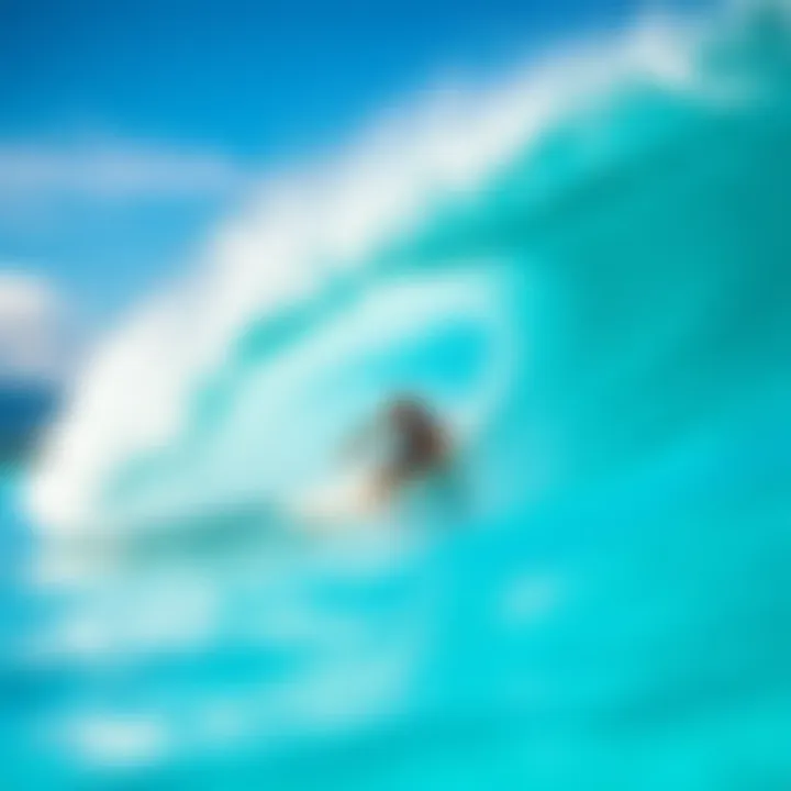 A surfer carving through crystal clear turquoise waters