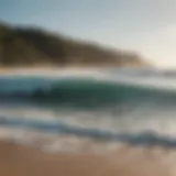 A stunning view of a pristine beach with surfers catching waves